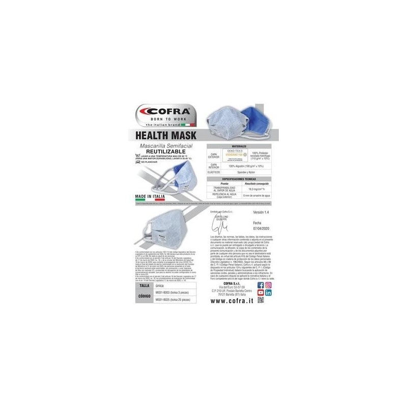 MASCARILLA REUTILIZABLE HEALTH MASK (10 LAVADOS)