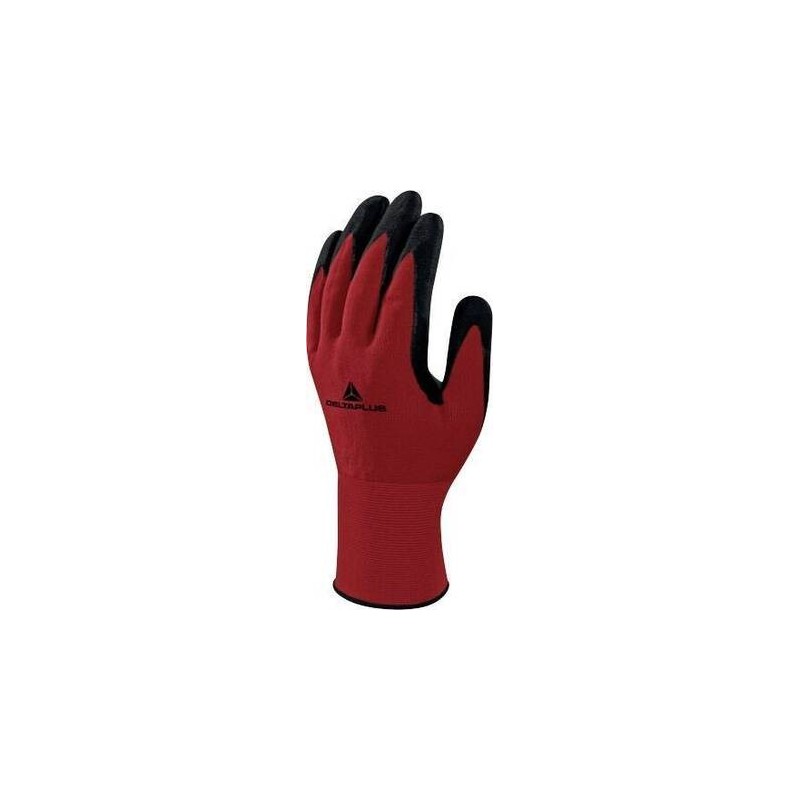 GUANTE DE PUNTO POLIÉSTER/SPANDEX - PALMA + PUNTITOS DE NITRILO EN388 4,1,2,1,X NEGRO / ROJO