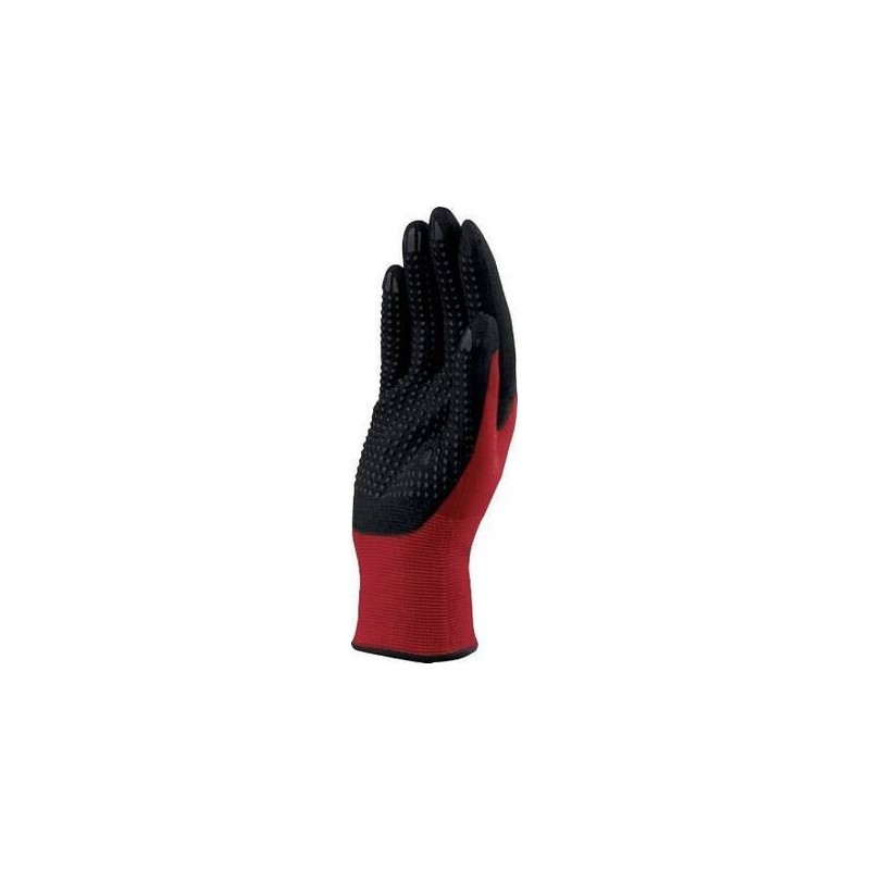 GUANTE DE PUNTO POLIÉSTER/SPANDEX - PALMA + PUNTITOS DE NITRILO EN388 4,1,2,1,X NEGRO / ROJO