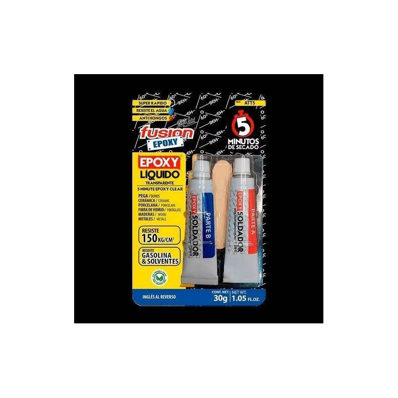 TUBO PEGAMENTO EPÓXICO TRANSPARENTE SOLDADOR 5 MINUTOS 30 GR FUSION EPOXY